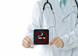 Doctor holding no smoking sign against white background