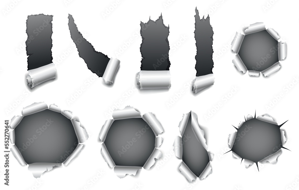 Poster paper hole collection of gray torn paper. torn sides over dark paper background with space for text.