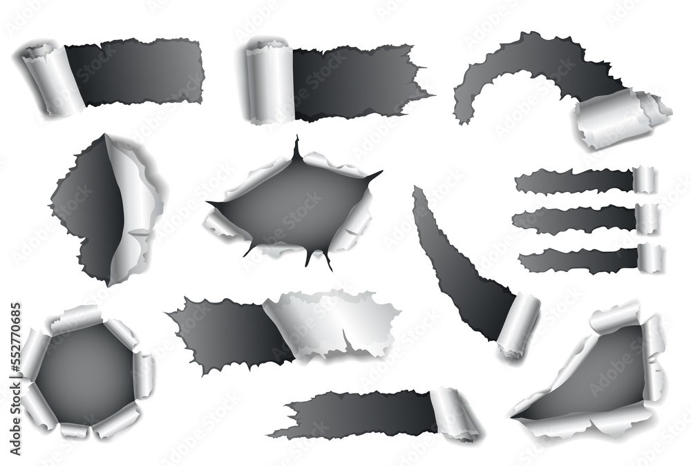 Poster paper hole collection of gray torn paper. torn sides over dark paper background with space for text.