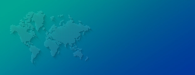 Illustration of a world map made of dots on a blue background. Horizontal banner