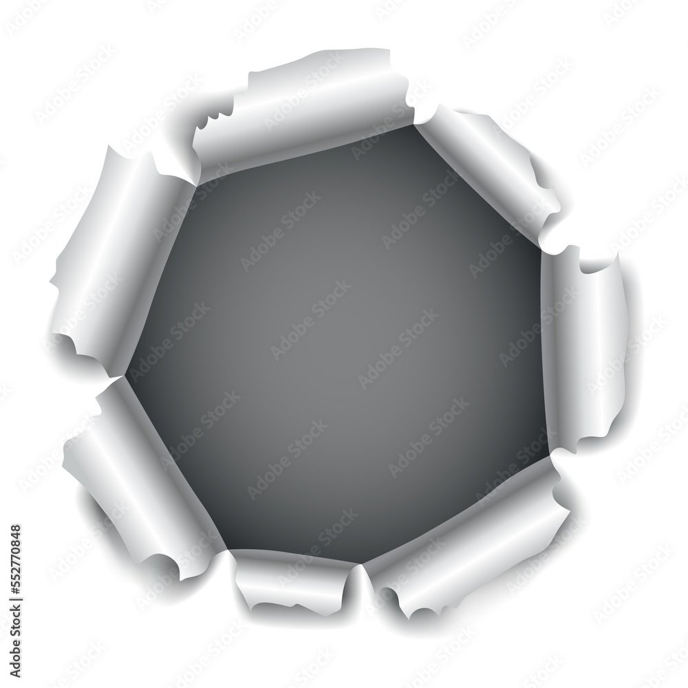 Poster paper hole of gray torn paper. torn sides over dark paper background with space for text. realistic 