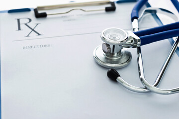 Closeup of stethoscope and clipboard