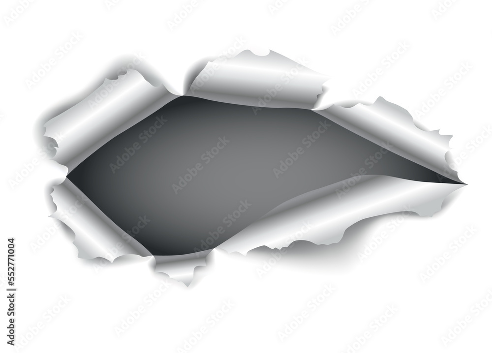 Poster paper hole of gray torn paper. torn sides over dark paper background with space for text. realistic 