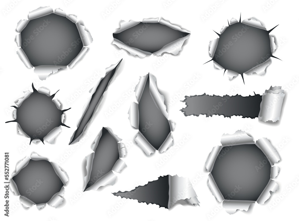 Poster paper hole collection of gray torn paper. torn sides over dark paper background with space for text.