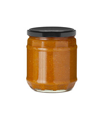 BBQ sauce in glass jar isolated on transparent background with clipping path