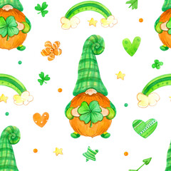 Watercolor leprechaun gnomes and hearts, rainbow on transparent background. Seamless pattern for a St. Patrick's Day.
