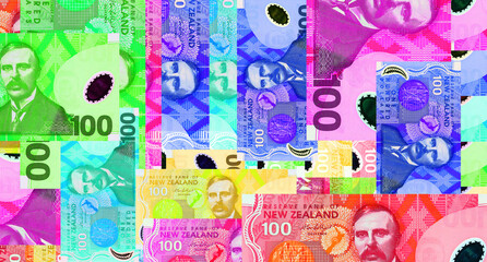 New Zealand dollar 100 NZD banknotes abstract color mosaic pattern