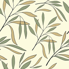 Simple vector pattern of branches with long olive-colored leaves on a light background. Seamless pattern.