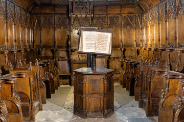 XV century artistic stalls and pulpit in Our Lady of Nativity Cathedral Notre Dame de la Nativite at Place Clemenceau square in historic old town of Vence medieval resort in France
