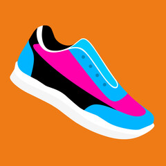Sneakers with thick soles. Women's sneakers in a flat style on an orange background. Trendy colored side view sneakers. Sneakers fashion. Vector illustration