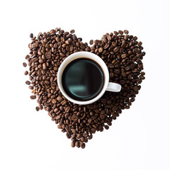 Cup of coffee in heart shape of coffee seeds isolated on white background