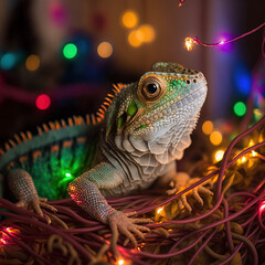Fototapeta premium Iguana tangled in small colorful Christmas lights