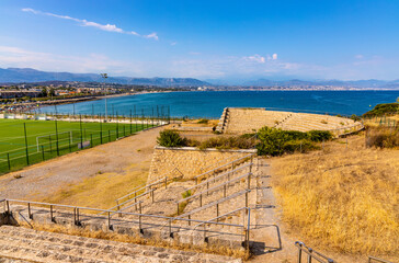 Stade du Fort Carre stadium, tribunes and sports facilities in Antibes resort city onshore Azure...