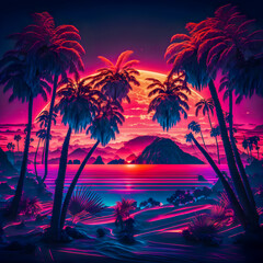 Synthwave sunset,  landscape with palm trees, retro wave illustration