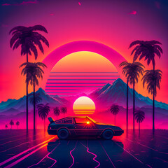 Fototapeta na wymiar Synthwave sunset, landscape with palm trees, retro wave illustration