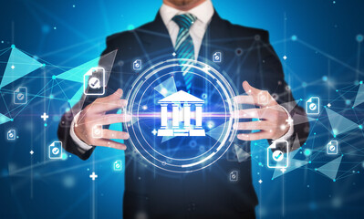 Businessman holdig business icons concept