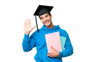 Young university graduate man over isolated background saluting with hand with happy expression