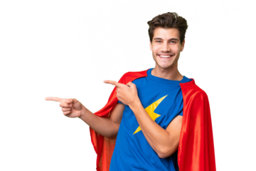 Super Hero caucasian man over isolated background pointing finger to the side and presenting a product