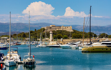 Panoramic view of harbor, port and yacht marina and Fort Carre castle offshore Azure Cost of...
