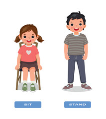 Opposite adjective antonym words sit and stand illustration of little girl sitting on a chair and boy standing explanation flashcard with text label
