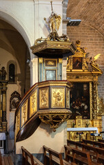 Priest pulpit of Our Lady of Immaculate Conception Cathedral church in historic old town of Antibes resort city onshore Azure Cost of Mediterranean Sea in France