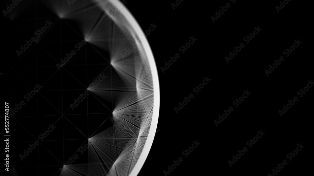 Poster Sphere of digital particles on a black background. Abstract interlacing lines and points. Digital connection of elements. Simulation of the movement of small particles. 3D rendering.