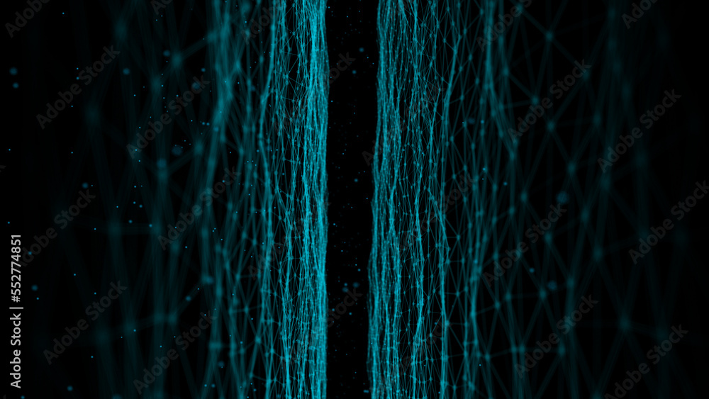 Poster Wave of digital particles on a black background. Abstract interlacing lines and points. Digital connection of elements. Simulation of the movement of small particles. 3D rendering.
