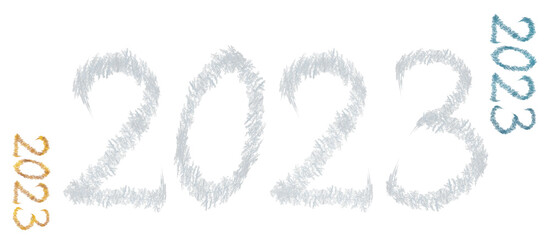 Text design 2023.  different size. Gold, white and blue colors Big size. Text in the form of a pattern. The pattern is frosty. The text is large and of good quality. PNG. 
