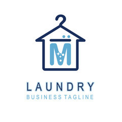 Letter M for Laundry Business Logo Design Idea Template with House and Hanger Icon. Dry Cleaning Clothes Wash Machine - obrazy, fototapety, plakaty