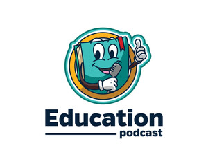 book education podcast logo mascot holding a microphone