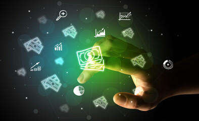 Fototapeta premium Businessman finger touching on screen multimedia interface with hand drawn currency icons