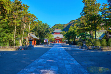 秋の神奈川県鎌倉市 鶴岡八幡宮(舞殿,本宮)を参道から見る