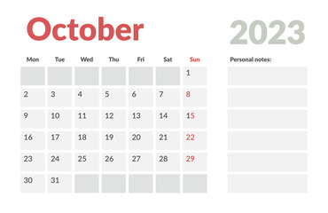 Calendar Template of october 2023 with place for notes. Vector layout simple calendar with week start monday.