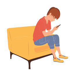 The guy looks at the phone. Games, online work, media. Opportunity to earn money. Vector.