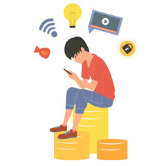 The guy looks at the phone. Games, online work, media. Opportunity to earn money. Vector.