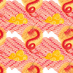 Watercolor pattern with golden clouds and red dragon, ornament on white background for various products in asian style