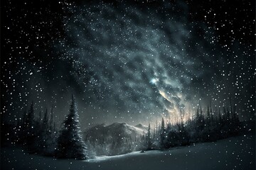 night sky full of falling snowflakes