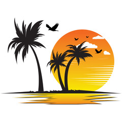 trees on the beach. Tropical Sea Landscape, Silhouettes Island with Palm Trees and Exotic Flowers, Ship, Sky with Clouds, Sun and Birds Gulls. Eps10, Contains Transparencies. Vector of an sea view