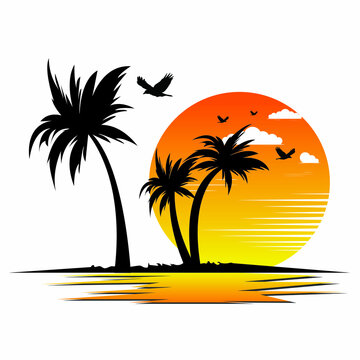 trees on the beach. Tropical Sea Landscape, Silhouettes Island with Palm Trees and Exotic Flowers, Ship, Sky with Clouds, Sun and Birds Gulls. Eps10, Contains Transparencies. Vector of an sea view