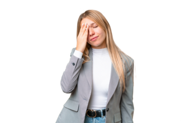 Young pretty blonde woman over isolated chroma key background with headache