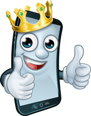 A mobile phone cartoon character mascot wearing a gold king crown and giving a double thumbs up.
