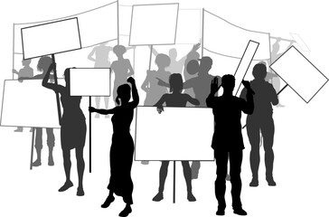 A silhouette crowd or group of people demonstrators at a protest, rally or strike with signs