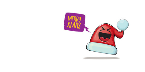 Vector cartoon Santa Claus red hat with smile face isolated on white horizontal bannner background. Merry Christmas greeting banner with funny monster Santa Claus hat. Santa hat