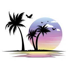 Naklejka premium trees on the beach. Tropical Sea Landscape, Silhouettes Island with Palm Trees and Exotic Flowers, Ship, Sky with Clouds, Sun and Birds Gulls. Eps10, Contains Transparencies. Vector of an sea view