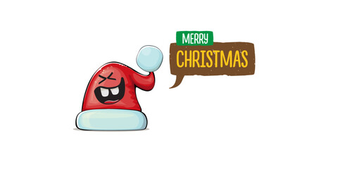 Vector cartoon Santa Claus red hat with smile face isolated on white horizontal bannner background. Merry Christmas greeting banner with funny monster Santa Claus hat. Santa hat