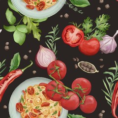 Watercolor food seamless pattern with vegan pasta with cherry tomatoes, spices, onion, garlic, rosemary, basil leaves, parsley and chilli pepper