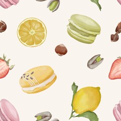 Watercolor food seamless pattern with macarons, nuts, lemon citrus fruit, strawberry and pistachio, pistache