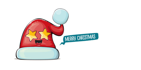 Vector cartoon Santa Claus red hat with smile face isolated on white horizontal bannner background. Merry Christmas greeting banner with funny monster Santa Claus hat. Santa hat