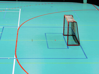 Floorball hockey court indoor hall with gate. The school gym