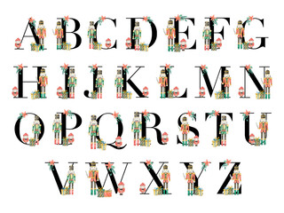 Christmas Nutcracker alphabet with watercolor soldier and gifts